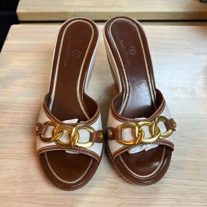 Cole Haan Brown Gold Chain Wedge Slides